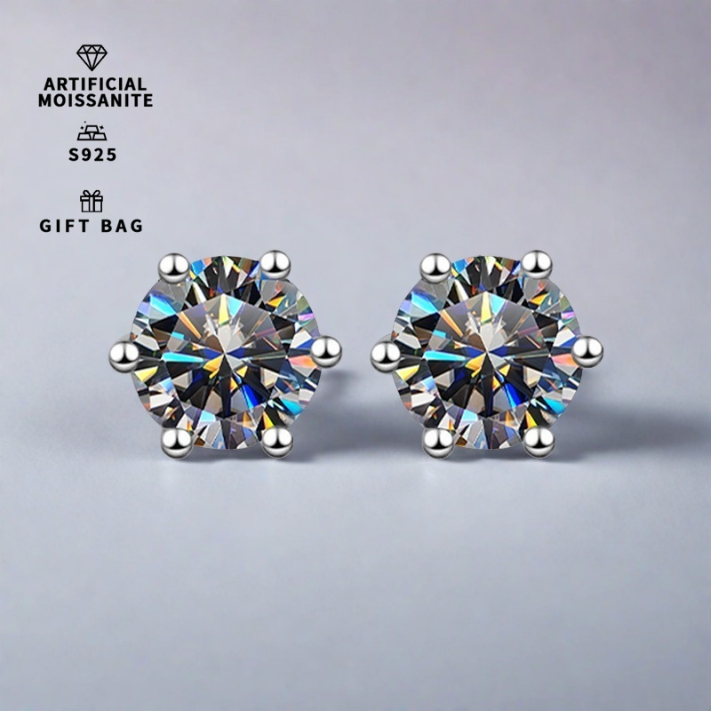 Women's S925 Sterling Silver Six Claws Gray Moissanite Round Earrings